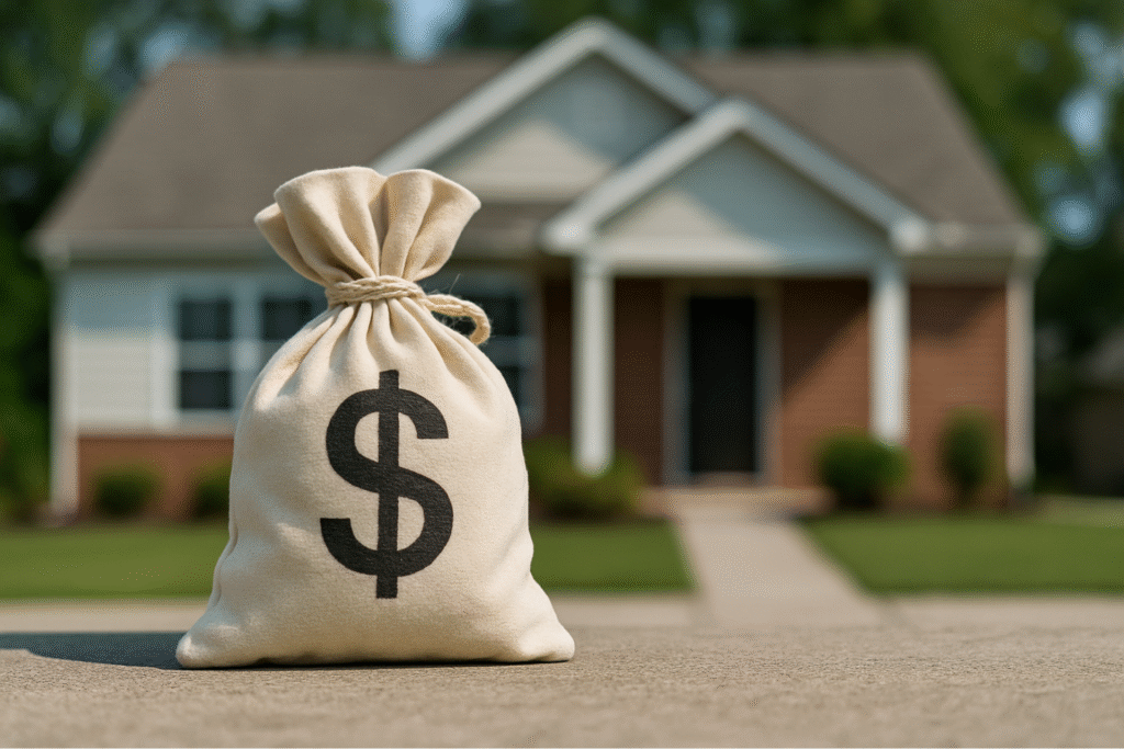 Bag of cash in front of a house