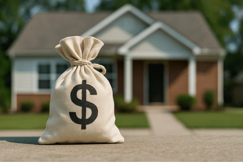 Bag of cash in front of a house
